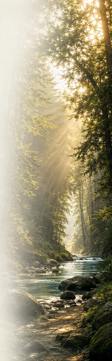 Bosque y río iluminados por el sol